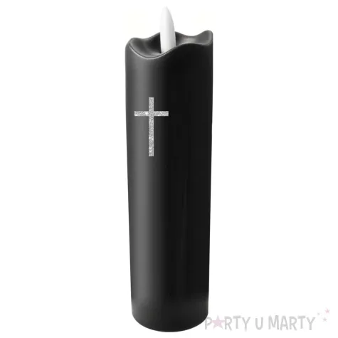 dekoracja swieca led brokatowy krzyz czarno srebrny 17x5 cm