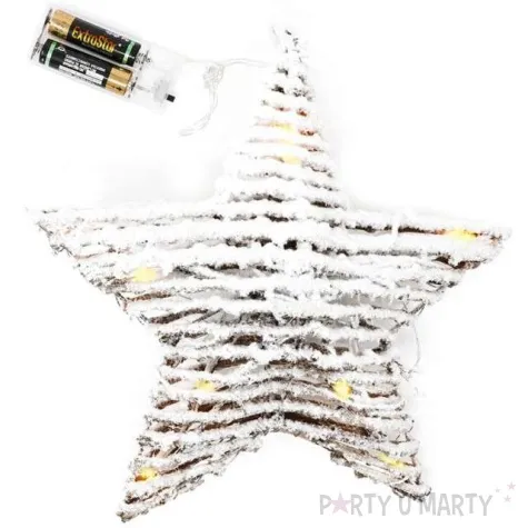 dekoracja swiecaca wiklinowa gwiazda biala guirca