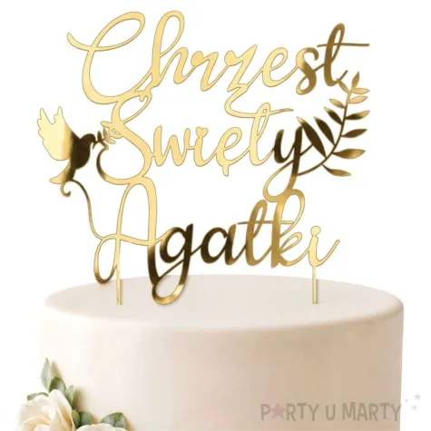 dekoracja tortu na chrzest swiety personalizowany topper na tort imie zloty lustrzany
