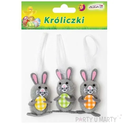 dekoracja zawieszki kroliczki szare 7 cm aliga 3 szt