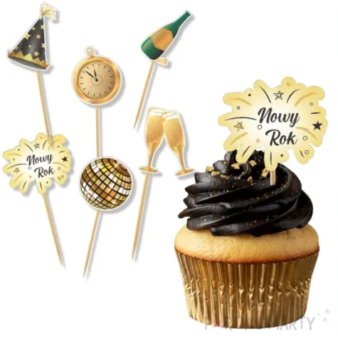 dekoracje do muffinek przekasek na sylwestra pikery szampanski nowy rok zloto czarne 6 szt