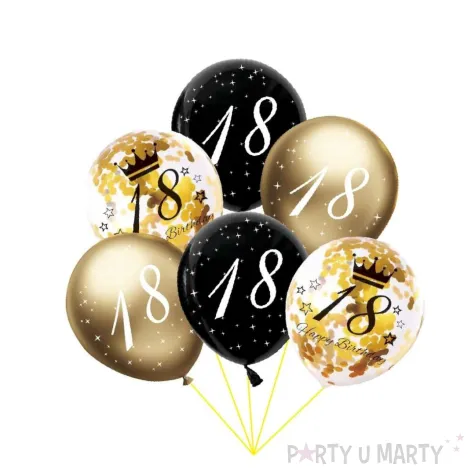dekoracje na 18 urodziny balony happy birthday liczba 18 mix z konfetti czarno zlote 12 x6