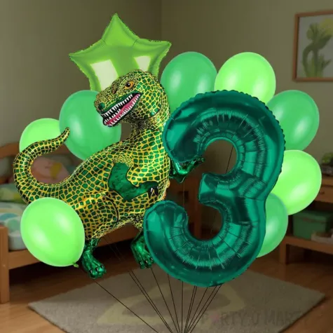 dekoracje na 3 urodziny zestaw balonow dinozaur t rex tyranozaur liczba 3 zielony 9 szt
