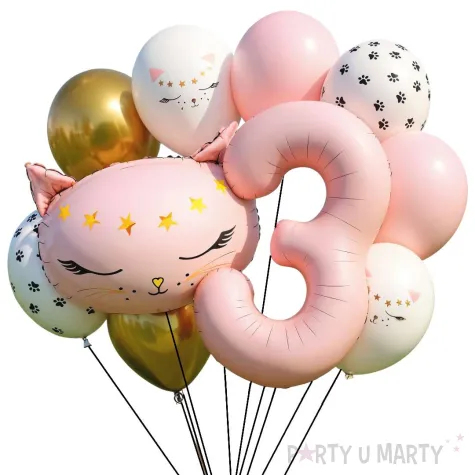 dekoracje na 3 urodziny zestaw balonow kotek dla kociarza liczba 3 rozowy jasny 10 szt