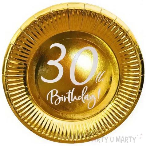 dekoracje na 30 urodziny zlote metalizowane talerzyki papierowe 30th birthday okragle 18 x6