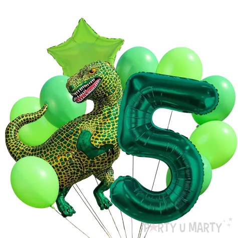 dekoracje na 5 urodziny zestaw balonow dinozaur t rex tyranozaur liczba 5 zielony 9 szt