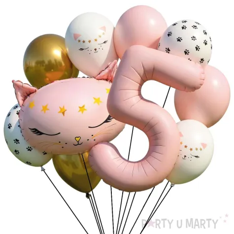 dekoracje na 5 urodziny zestaw balonow kotek dla kociarza liczba 5 rozowy jasny 10 szt