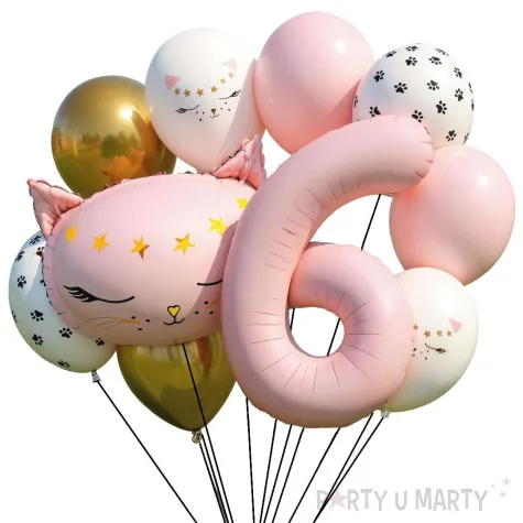 dekoracje na 6 urodziny zestaw balonow kotek dla kociarza liczba 6 rozowy jasny 10 szt