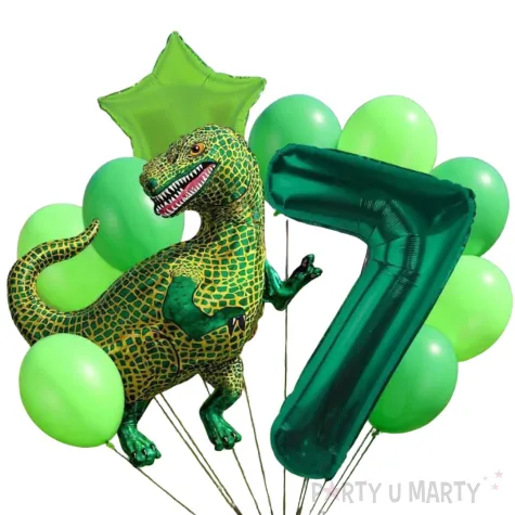 dekoracje na 7 urodziny zestaw balonow dinozaur t rex tyranozaur liczba 7 zielony 9 szt