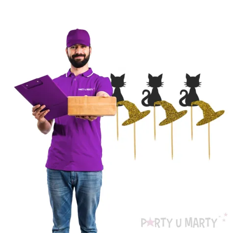dekoracje na andrzejki pikery ozdobne na muffinki kot i kapelusz czarownicy czarno zlote 6 szt
