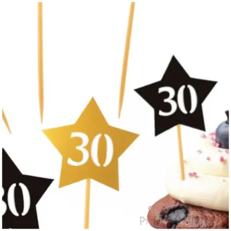 dekoracje na babeczki muffinki i koreczki pikery na 30 urodziny gwiazdki zloto czarne 6 szt