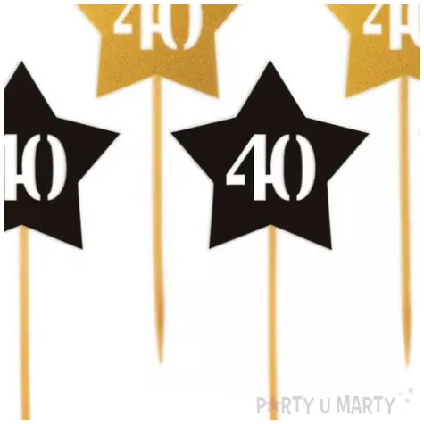 dekoracje na babeczki muffinki i koreczki pikery na 40 urodziny gwiazdki zloto czarne 6 szt