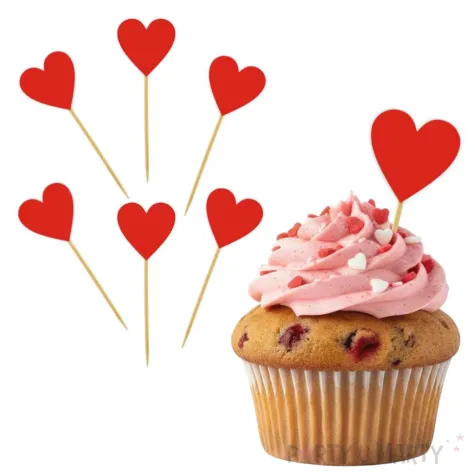 dekoracje na babeczki walentynkowe pikery na muffinki czerwone serca 6 szt