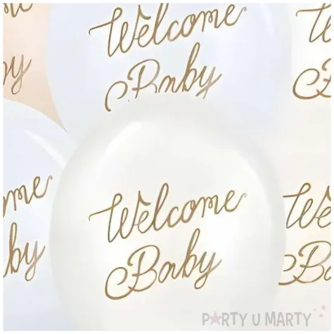 dekoracje na baby shower chlopca niebieskie balony welcome baby biale kremowe 12 6 szt