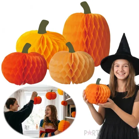 dekoracje na halloween jesien bibuly wiszace rozety honeycomb dynia pomaranczowe 23 cm 4 szt