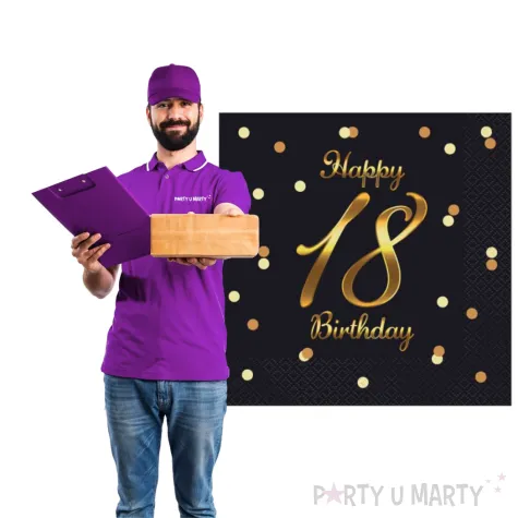 dekoracje na osiemnastke serwetki happy birthday 18 urodziny glamour czarno zloty 33cm 20 szt