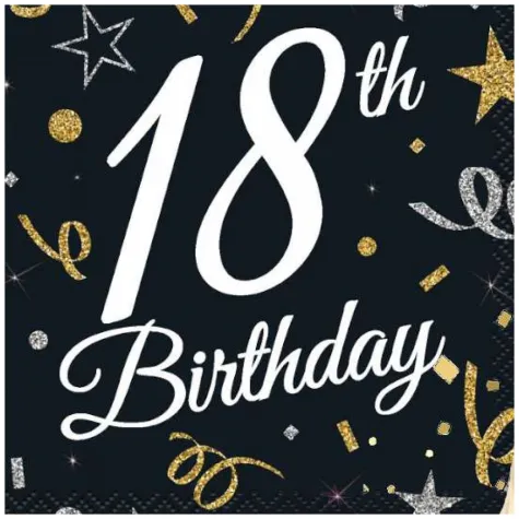 dekoracje na osiemnastke serwetki na 18 urodziny 18th birthday czarne 33x33 cm 20 szt