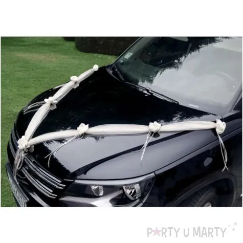 dekoracje na samochod organza z rozyczkami kremowy partydeco 180 cm 2 szt