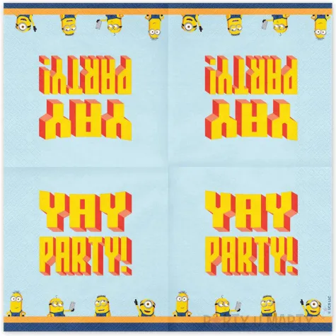 dekoracje na stol na urodziny serwetki z motywem minionkow niebiesko zolte 33 cm x20