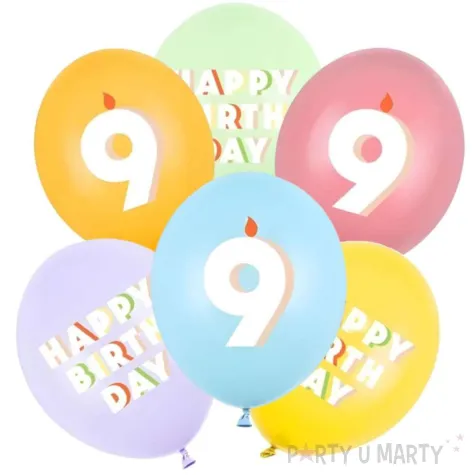 dekoracje na urodziny balony pastelowe cyfra 9 happy birthday kolorowe 12 6 szt