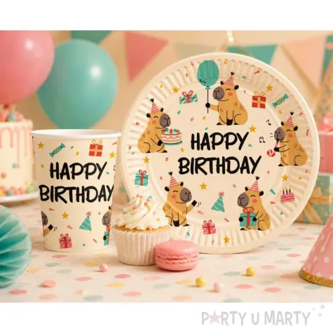 dekoracje na urodziny papierowe talerzyki kapibara happy birthday 18 cm 6 szt