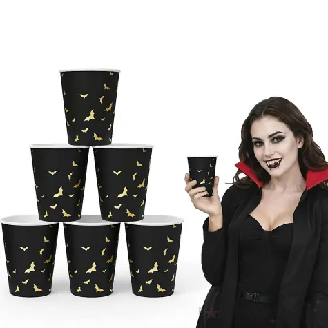 dekoracje stolu na halloween kubeczki papierowe nietoperze czarne 220 ml x6