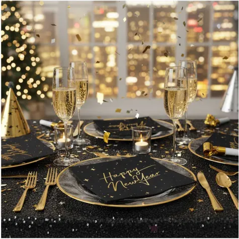 dekoracje stolu na sylwestra nowy rok serwetki happy new year czarne partydeco 33 cm x20