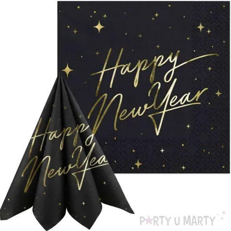 dekoracje stolu na sylwestra nowy rok serwetki happy new year czarne partydeco 33 cm x20