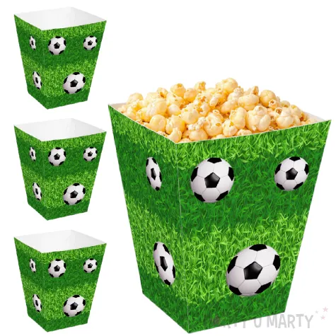 dekoracje stolu na urodziny pilkarza kibica papierowe pudelka na popcorn pilka nozna dekoracje