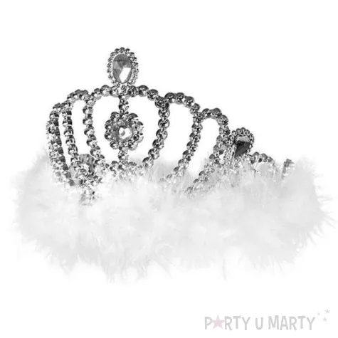 diadem party srebrny z bialym puszkiem