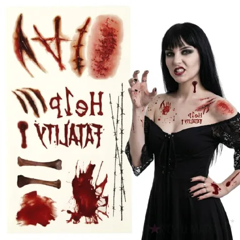 dodatek do stroju makijaz na halloween wodne tatuaze zmywalne krwawa dlon rany krew help