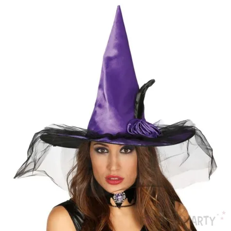 dodatek do stroju na halloween andrzejki kapelusz czarownica woalka fioletowy do zdjec