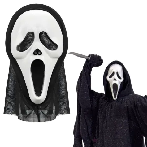 dodatek do stroju na halloween maska z kapturem morderca ghostface krzyk