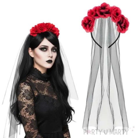 dodatek do stroju na halloween opaska do wlosow czarny welon z rozami los muertos smierc