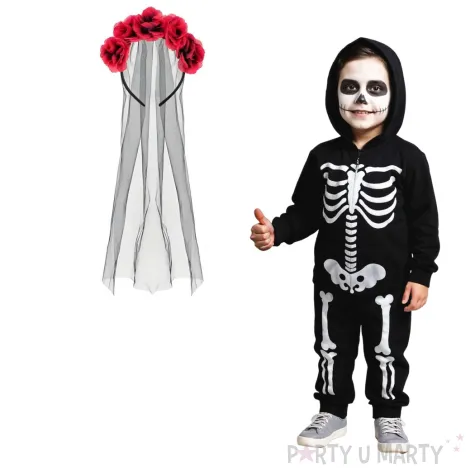 dodatek do stroju na halloween opaska do wlosow czarny welon z rozami los muertos smierc