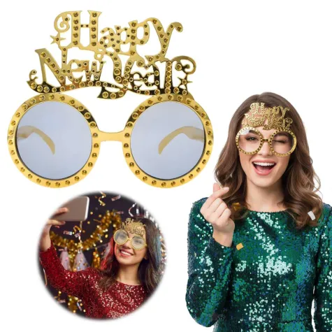 dodatek do stroju na sylwestra nowy rok okulary imprezowe happy new year zlote z krysztalkami