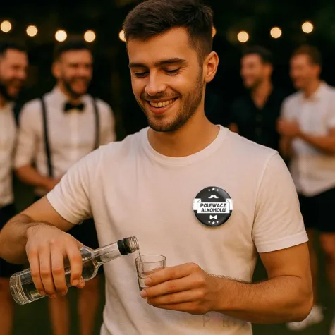 dodatek do stroju na wieczor kawalerski przypinka polewacz alkoholu zabawny gadzet pin