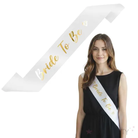 dodatek dp stroju na wieczor panienski szarfa bride to be bialo zlota 160 cm