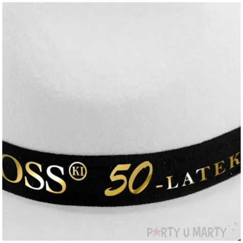 dodatek na 50 urodziny kapelusz bosski 50 latek bialy z lamowka