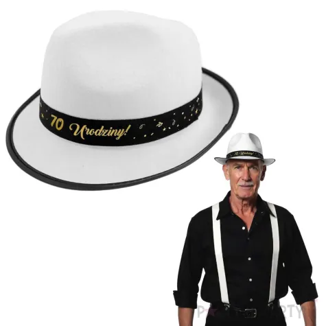 dodatek na 70 urodziny kapelusz glamour birthday bialy z lamowka