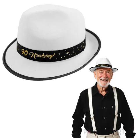 dodatek na 90 urodziny kapelusz glamour birthday bialy z lamowka