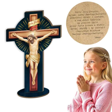 drewniana figurka z modlitwa jezus chrystus na krzyzu dekoracja na wielkanoc 15 x 10 cm