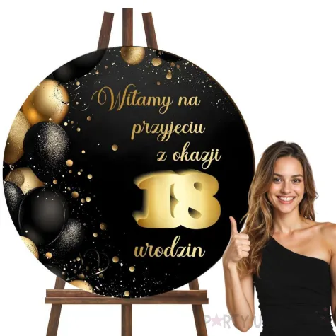 drewniana tablica powitalna 18 urodziny zloto czarny dekoracja sali powitanie gosci