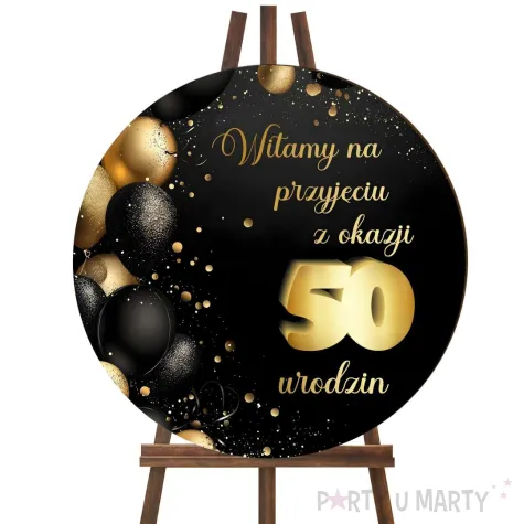 drewniana tablica powitalna 50 urodziny zloto czarny dekoracja sali powitanie gosci