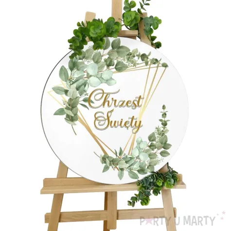 drewniana tablica powitalna chrzest swiety listki eukaliptusa dekoracja sali 39 5 cm