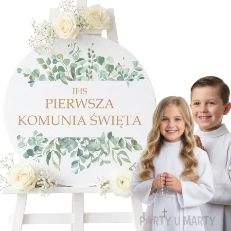 drewniana tablica powitalna komunia swieta eukaliptus beauty lux dekoracja sali powitanie