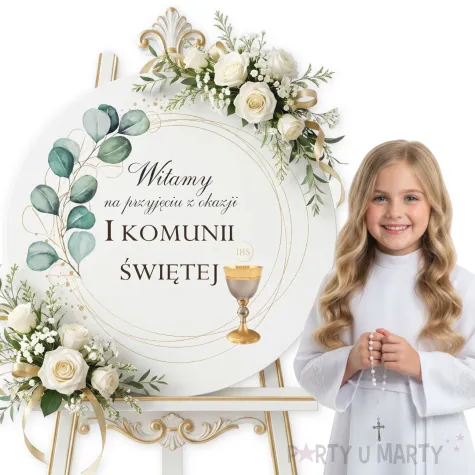 drewniana tablica powitalna komunia swieta eukaliptus z hostia dekoracja sali powitanie gosci 3