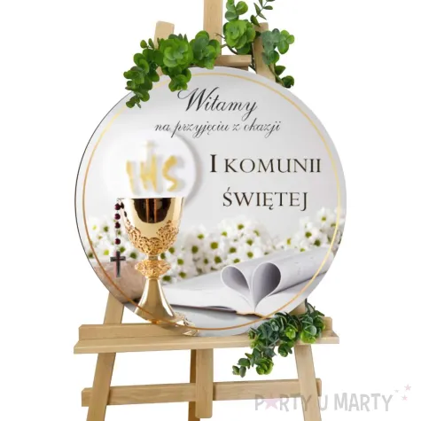 drewniana tablica powitalna komunia swieta kielich z biblia dekoracja sali powitanie gosci 39