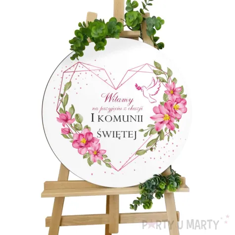 drewniana tablica powitalna komunia swieta rozowe serce dekoracja sali powitanie gosci 39 5 c