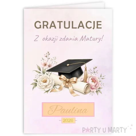 duza personalizowana kartka gratulacje z okazji zadnia matury kwiaty biret konfetti